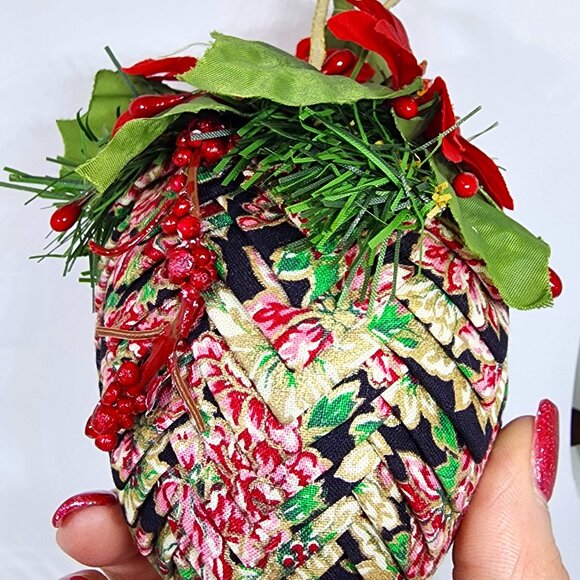 VTG Huge Handmade Herringbone Cloth Navy Pink Gold Christmas Holiday Ornament - Picture 9 of 12